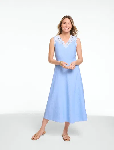 Talbots Petite - Embroidered Linen Fit & Flare Dress - Floral - Vista Blue/white - 10
