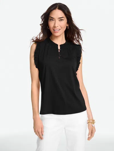 Talbots Petite - Flutter Sleeve Mixed Media Top - Black - Large