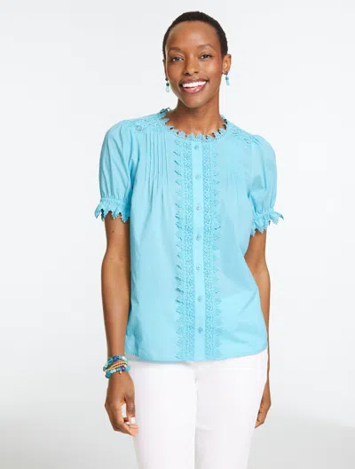 Talbots Petite - Lace Trim Button Front Voile Top - Opal Blue - Small - 100% Cotton