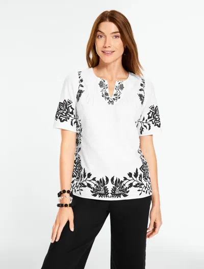 Talbots Petite - Linen Pintuck Top - Jacobean Vines - White/black - Xl  In Multi