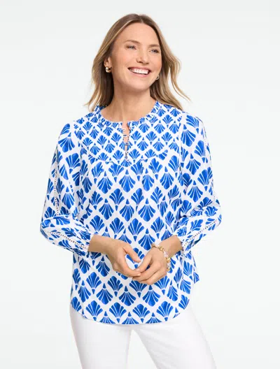 Talbots Petite - Pintuck Lace Voile Top - Painted Fans - White/catalina Blue - Xl