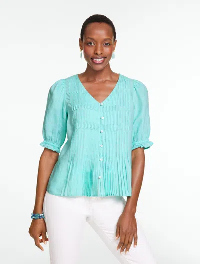 Talbots Petite - Pleated Linen Top - Cross-dyed - Turquoise Sky/white - Xl