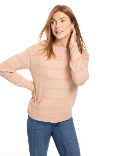 Talbots Petite - Ribbed Boatneck Pullover Sweater - Stripe - Biscotti/coral Peach Heat - 2xs - 100% Cotton T In Biscotti,coral Peach Heat