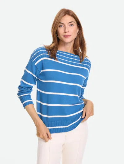 Talbots Petite - Ribbed Boatneck Pullover Sweater - Stripe - Pansy Blue/ivory - 2xs - 100% Cotton  In Pansy Blue,ivory