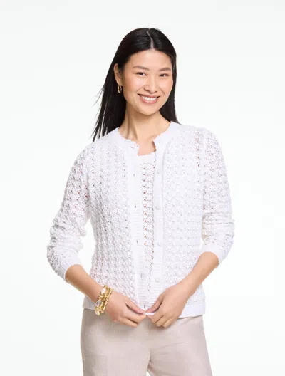 Talbots Petite - Textured Open Stitch Crewneck Cardigan Sweater - White - Large