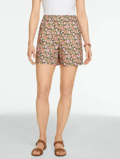 Talbots Petite - Washed Linen Pull-on Shorts - Strappy Floral - Olive Leaf - Xl  In Green