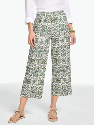 Talbots Petite - Washed Linen Wide Crop Pull-on Pants - Royal Medallion - White/olive Leaf - Xl  In Gray