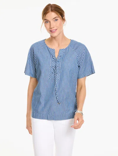 Talbots Pinstripe Denim Popover Shirt - Medium Wash - Xs  In Blue
