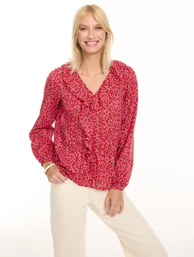 Talbots Pintuck Ruffle Voile Top - Curly Roses - Bright Apple - Xs - 100% Cotton