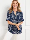 Talbots Plus Size - Band Collar Button Front Poplin Shirt - Pencil Butterfly - Ink/white - 2x  In Ink,white