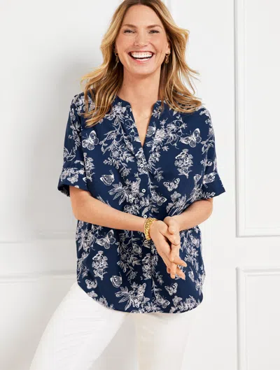 Talbots Plus Size - Band Collar Button Front Poplin Shirt - Pencil Butterfly - Ink/white - 2x  In Ink,white