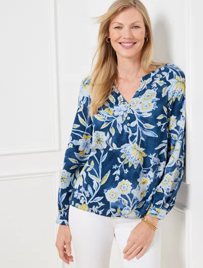 Talbots Plus Petite - Band Collar Top - Sketched Botanical - Ink - X  In Black