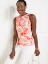 Talbots Plus Petite - Bateau Neck Sleeveless Tank Top - Vibrant Paisley - Hot Coral - 2x  In Hot Coral