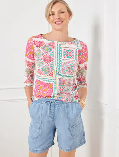 Talbots Plus Petite - Bateau Neck T-shirt - Painterly Tiles - Ivory/villa Blue - 1x