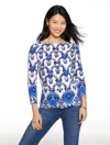 Talbots Plus Petite - Bateau Neck T-shirt - Watercolor Damask - Azure Blue - 2x  In Multi