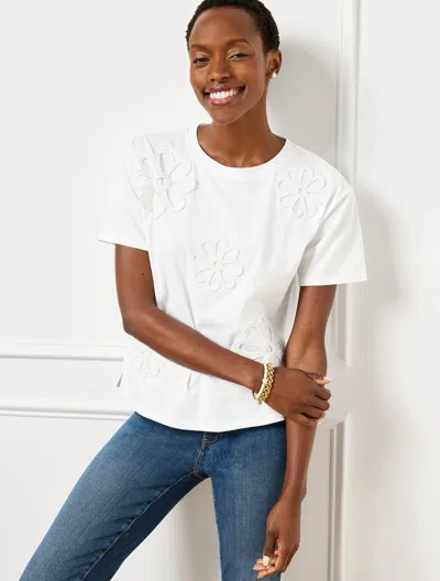 Talbots Misses - Boxy Crewneck T-shirt - Flower Appliqué - White - Large