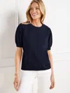 Talbots Plus Petite - Button Shoulder Crewneck Sweatshirt - Blue - 2x - 100% Cotton  In Blue