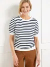 Talbots Plus Petite - Button Shoulder Crewneck Sweatshirt - Stripe - White/indigo - X - 100% Cotton  In Multi