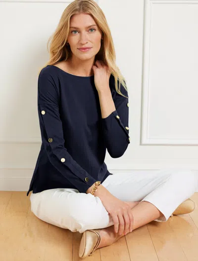 Talbots Plus Petite - Button Sleeve Crewneck T-shirt - Blue - 3x - 100% Cotton