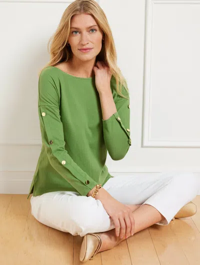 Talbots Plus Petite - Button Sleeve Crewneck T-shirt - Green Fern - 3x - 100% Cotton
