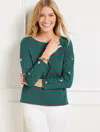 Talbots Plus Petite - Button Sleeve Crewneck T-shirt - Stripe - Lush Green/bright Rose - 3x - 100% Cotton Ta