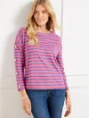 Talbots Plus Petite - Button Sleeve Crewneck T-shirt - Stripe - Petunia Pink/azure Blue - 3x - 100% Cotton T