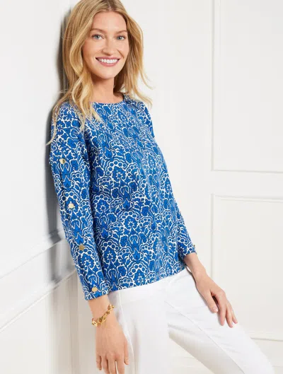 Talbots Plus Petite - Button Sleeve Crewneck T-shirt - Woodland Damask - Ivory/azure Blue - 2x - 100% Cotton