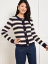Talbots Plus Size - Combed Cotton Crewneck Cardigan Sweater - Metallic Stripe - Indigo/ivory - 3x  In Indigo,ivory