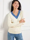 Talbots Plus Petite - Contrast Trim Smooth Cotton Pullover Sweater - Ivory - 2x  In Ivory