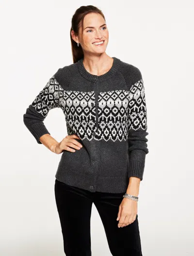 Talbots Plus Petite - Crewneck Cardigan Sweater - Placed Fair Isle - Shadow Heather/ivory - 2x  In Gray
