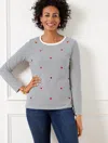 Talbots Plus Petite - Crewneck T-shirt - Embellished Hearts - Ivory/indigo - 1x  In Ivory,indigo