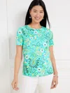 Talbots Plus Petite - Crewneck T-shirt - Paisley Blooms - Vivid Turquoise - 2x  In Vivid Turquoise