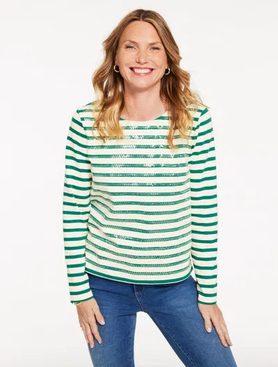 Talbots Plus Petite - Crewneck T-shirt - Sequin Stripe - Ivory/lush Green - 1x