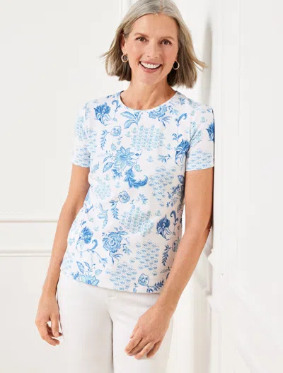 Talbots Plus Petite - Crewneck T-shirt - Whimsical Jacobean - White/lakeside Blue - 2x  In White,lakeside Blue