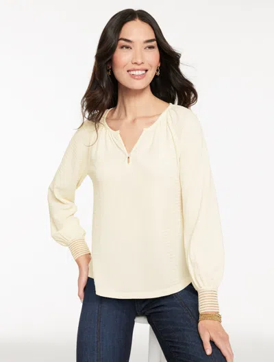 Talbots Plus Petite - Crinkle Split Neck Top - Ivory - 3x  In Metallic