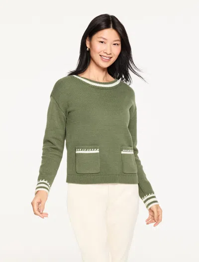 Talbots Plus Petite - Crochet Crewneck Sweater - Tipped - Olive Leaf/ivory - 3x