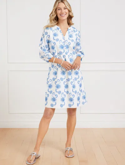 Talbots Plus Size - Dancing Eyelet Puff Sleeve Dress - Lakeside Blue/white - 14 - 100% Cotton  In Lakeside Blue,white