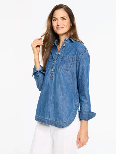 Talbots Plus Petite - Denim Boyfriend Popover Shirt Eden Blue Wash - 1x - 100% Cotton