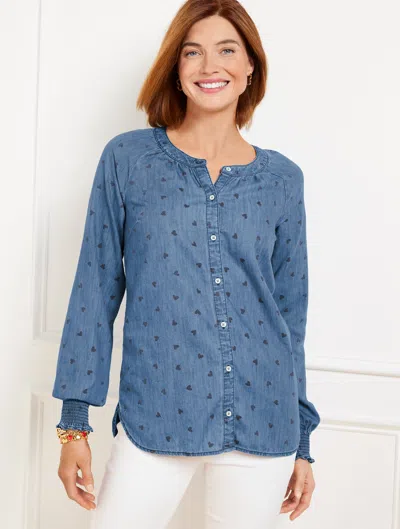 Talbots Plus Size - Denim Ruffle Top - Spring Hearts - Medium Wash/ink - 3x - 100% Cotton  In Medium Wash,ink