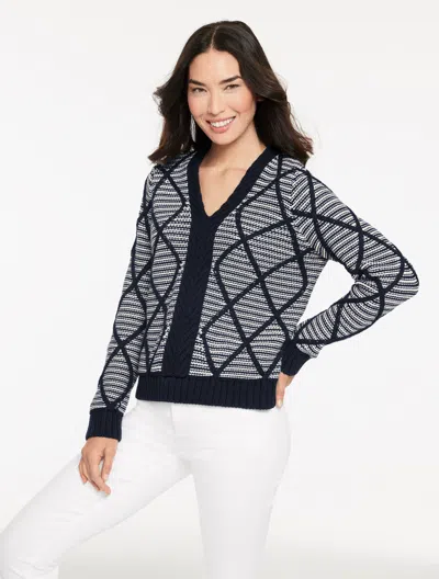 Talbots Plus Petite - Diamond Cable V-neck Pullover Sweater - Stripe - Indigo Blue/ivory - 3x - 100% Cotton  In Black