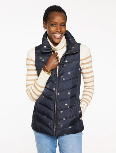 Talbots Plus Petite - Down Puffer Vest - Scattered Snowflakes - Indigo/gold Foil - 3x  In Blue