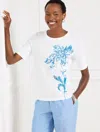 Talbots Plus Petite - Elbow Sleeve Crewneck T-shirt - Ocean Flora - White - 3x  In White
