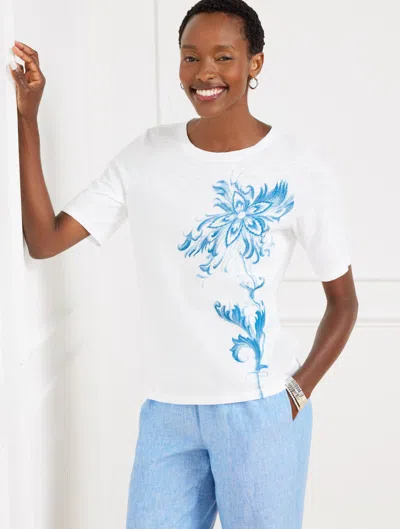 Talbots Plus Petite - Elbow Sleeve Crewneck T-shirt - Ocean Flora - White - 3x