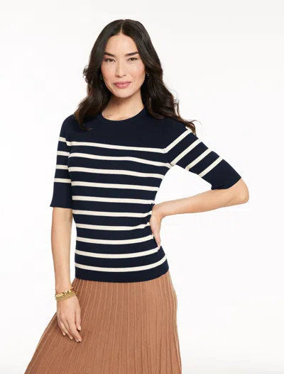 Talbots Plus Petite - Elbow Sleeve Ribbed Crewneck Sweater - Stripe - Indigo/ivory - 3x  In Blue