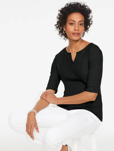 Talbots Plus Petite - Elbow Sleeve Split Neck T-shirt - Black - 1x - 100% Cotton