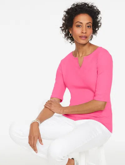 Talbots Plus Petite - Elbow Sleeve Split Neck T-shirt - Bright Pink - 3x - 100% Cotton