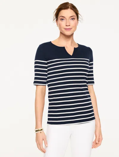 Talbots Plus Petite - Elbow Sleeve Split Neck T-shirt - Love Stripe - Indigo/ivory - 2x - 100% Cotton Talbot