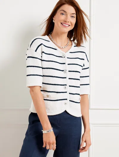 Talbots Plus Petite - Elbow Sleeve Sweater Jacket - Stripe - White/indigo Blue - 2x  In White,indigo Blue