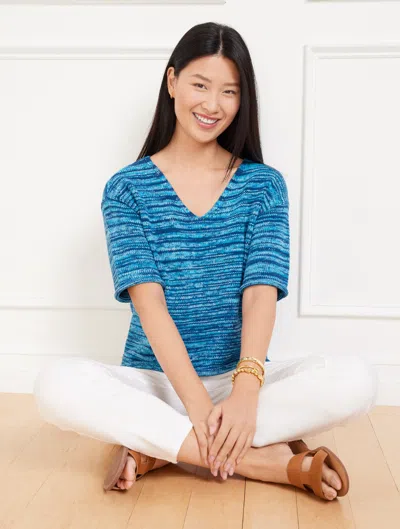 Talbots Plus Petite - Elbow Sleeve V-neck Pullover Sweater - Space Dye - Vivid Turquoise/ink - 3x - 100% Cot In Multi