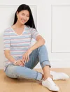 Talbots Plus Petite - Elbow Sleeve V-neck T-shirt - Margot Stripe - White/hot Coral - X - 100% Cotton Talbot In White,hot Coral
